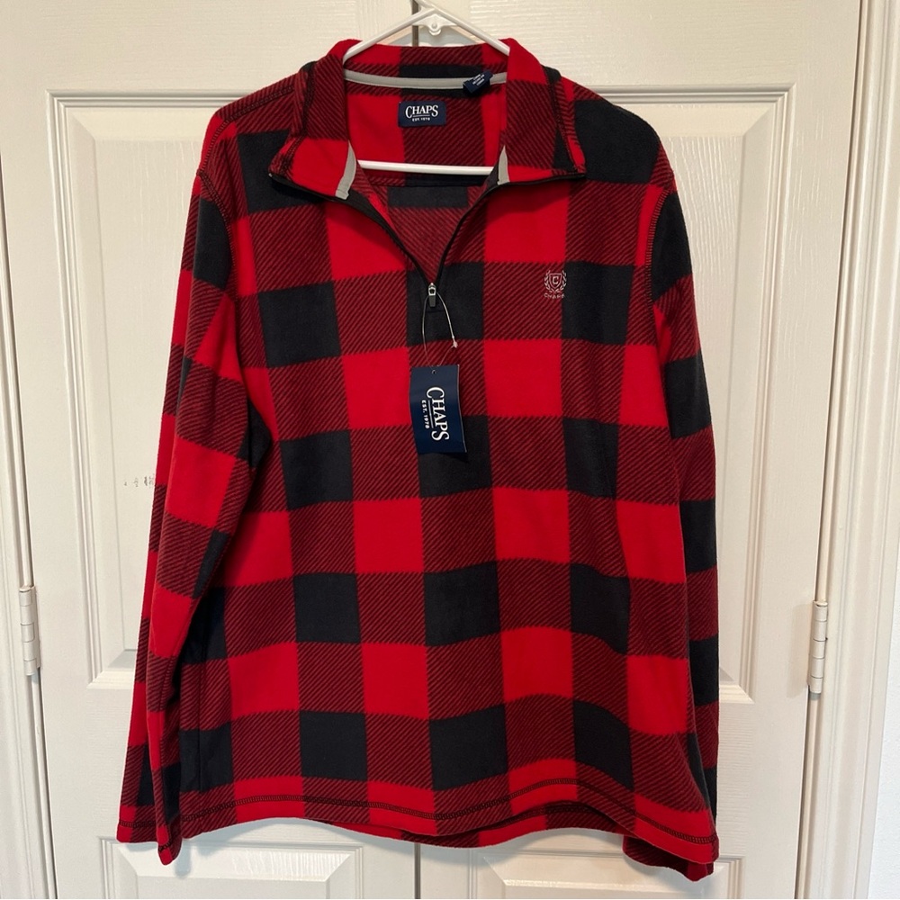 Men's CHAPS 1/4 Zip Pullover Brushed Fleece Sweater Red Checks Buffalo Plaid
